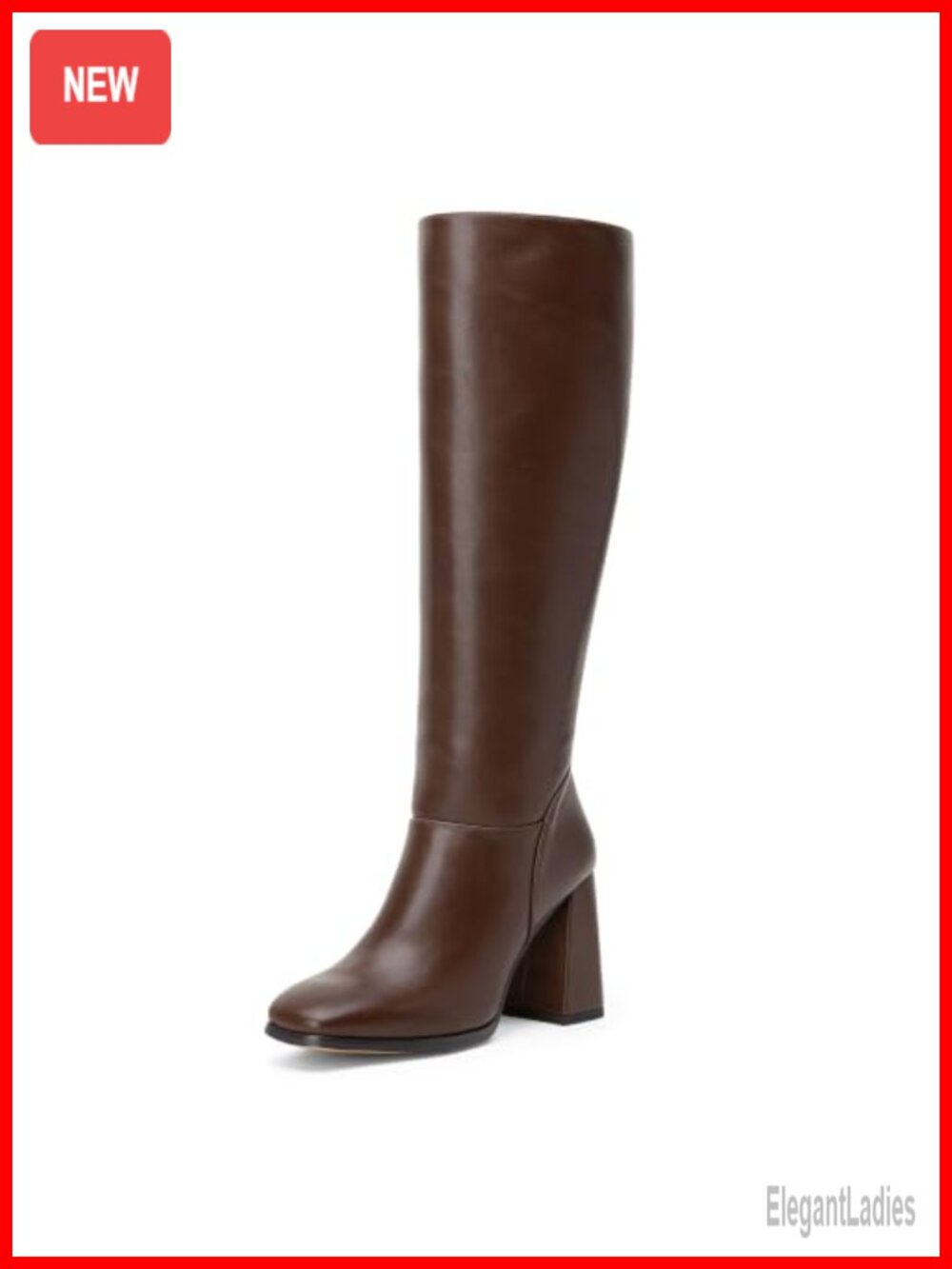 Square Toe Knee High Chunky Block Heel Boots Side Zip Faux Leather